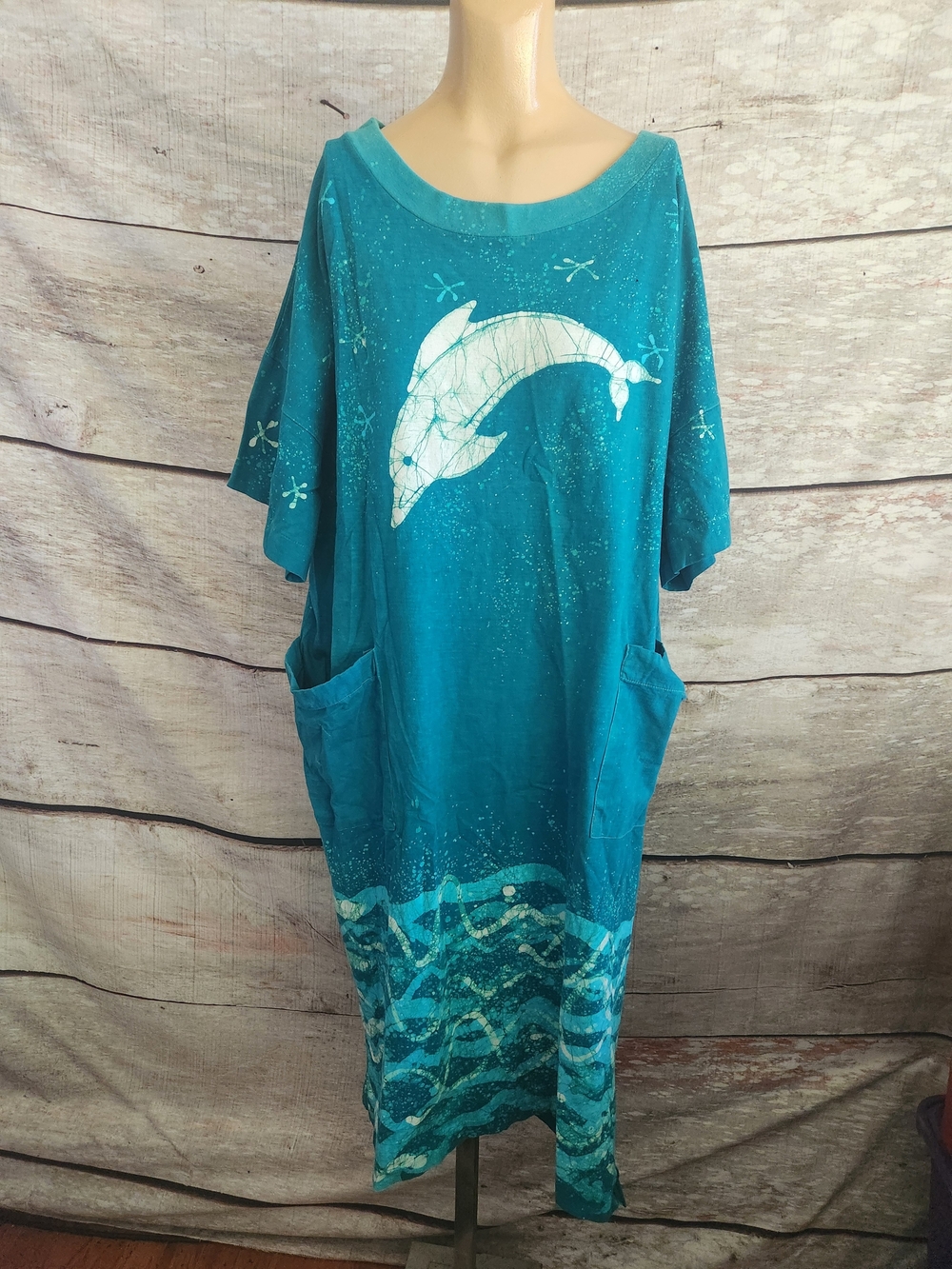 Teal Batic Dolphin Midi Dress with Pockets - Casual Women's Tunic